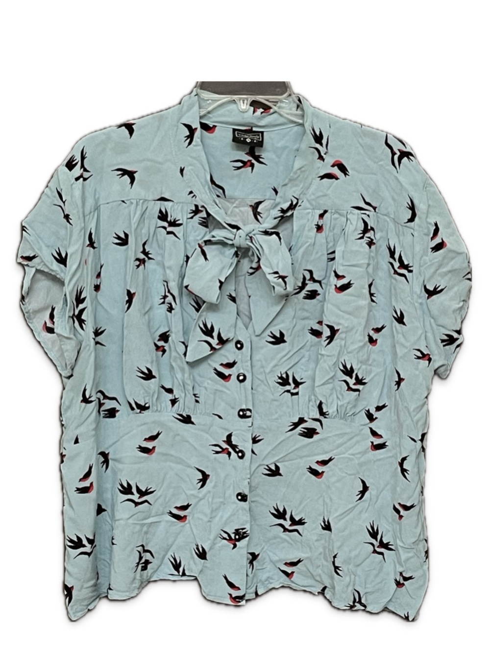 Rock Steady retro short sleeve button tie neck blue swallow bird print 3X pinup